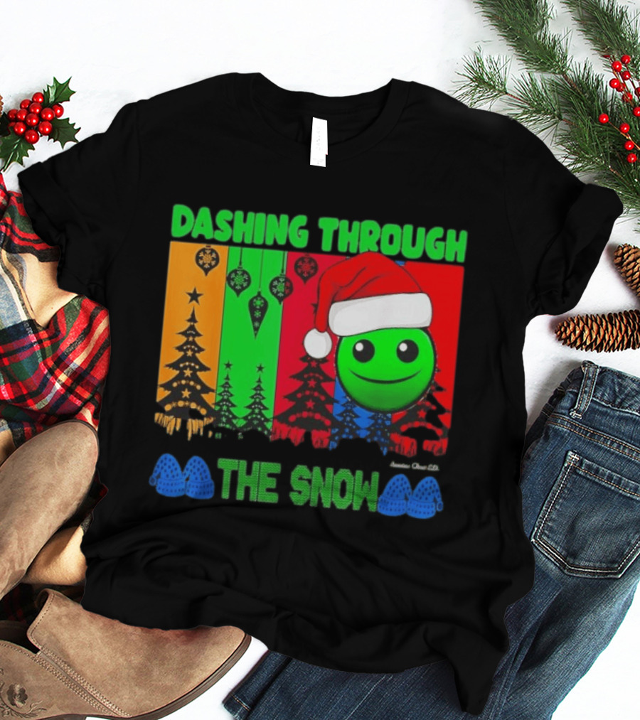 Dashing Through The Snow Emoji Santa Hat Christmas Trees Multicolor Snowflakes T-Shirt