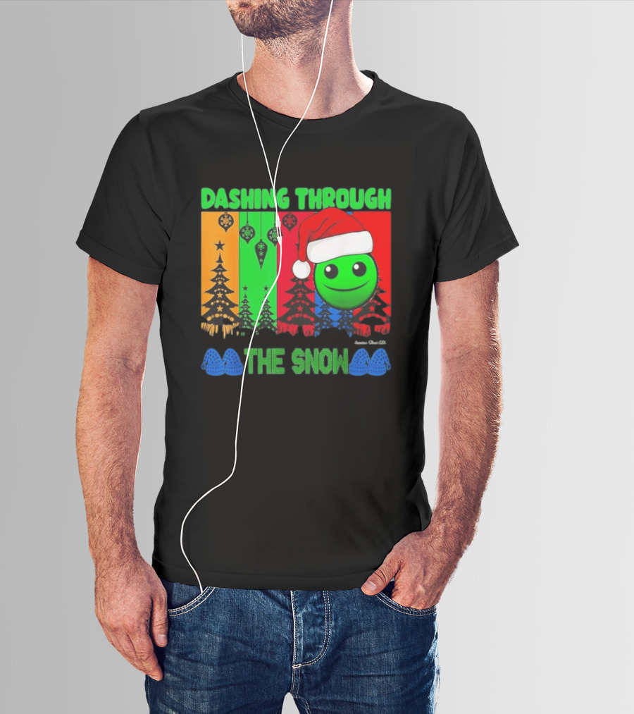 Dashing Through The Snow Emoji Santa Hat Christmas Trees Multicolor Snowflakes T-Shirt