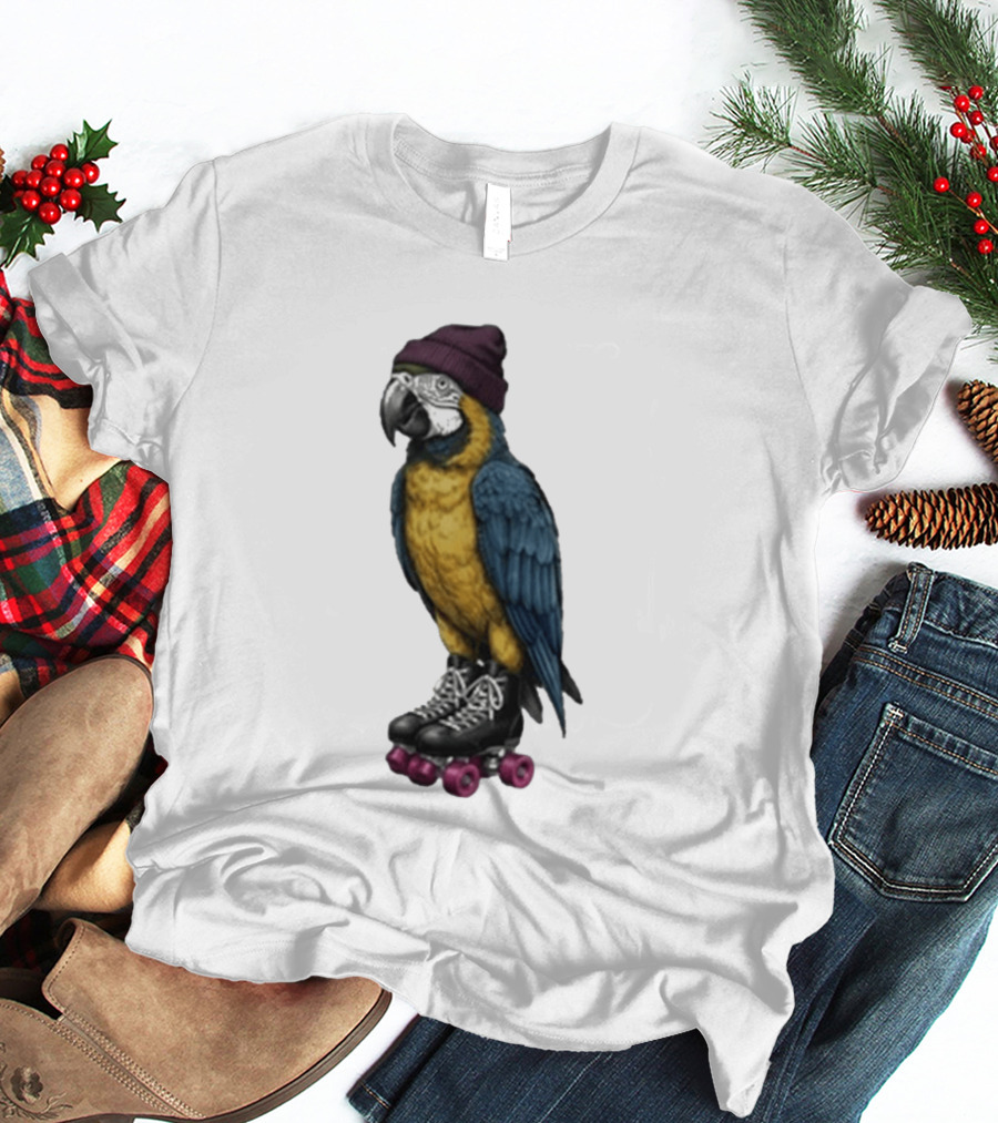 Nice Roller Skating Parrot With Hat And Colorful Feathers T-Shirt