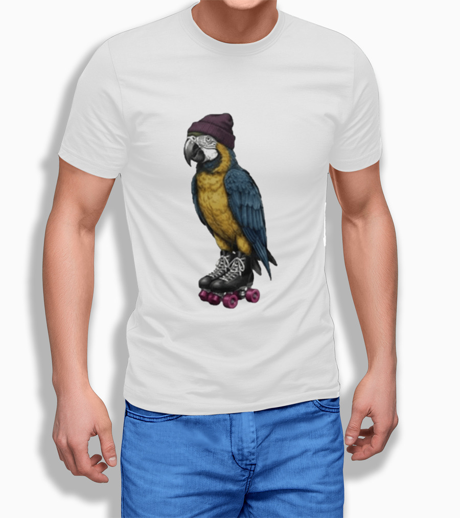 Nice Roller Skating Parrot With Hat And Colorful Feathers T-Shirt