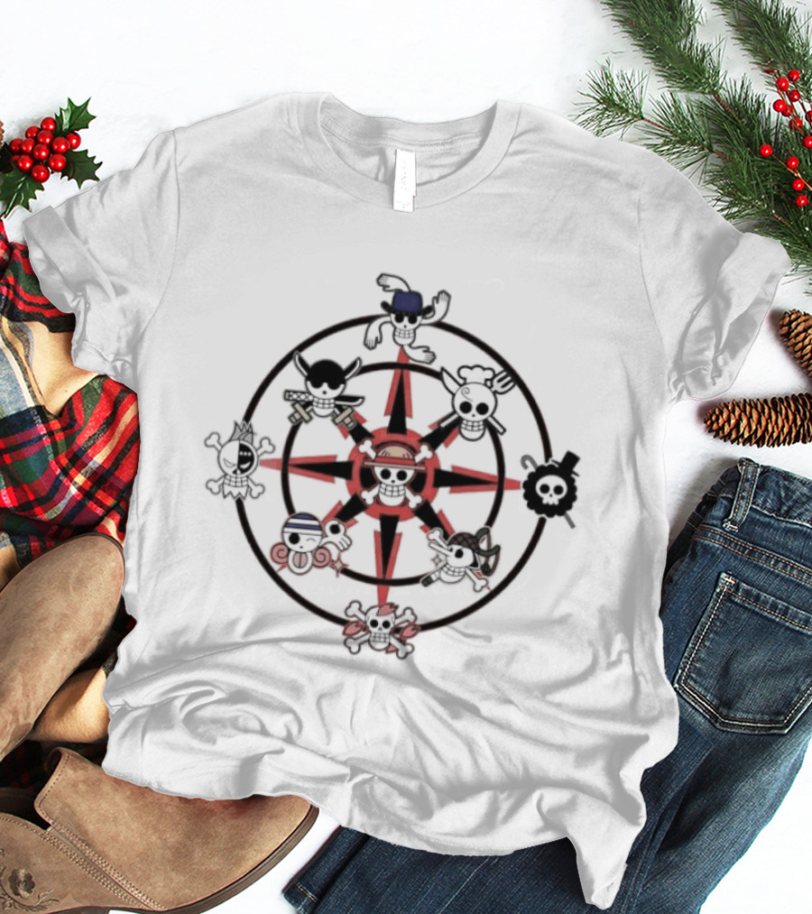 One Piece Straw Hat Pirate Crew Jolly Roger Wheel T-Shirt