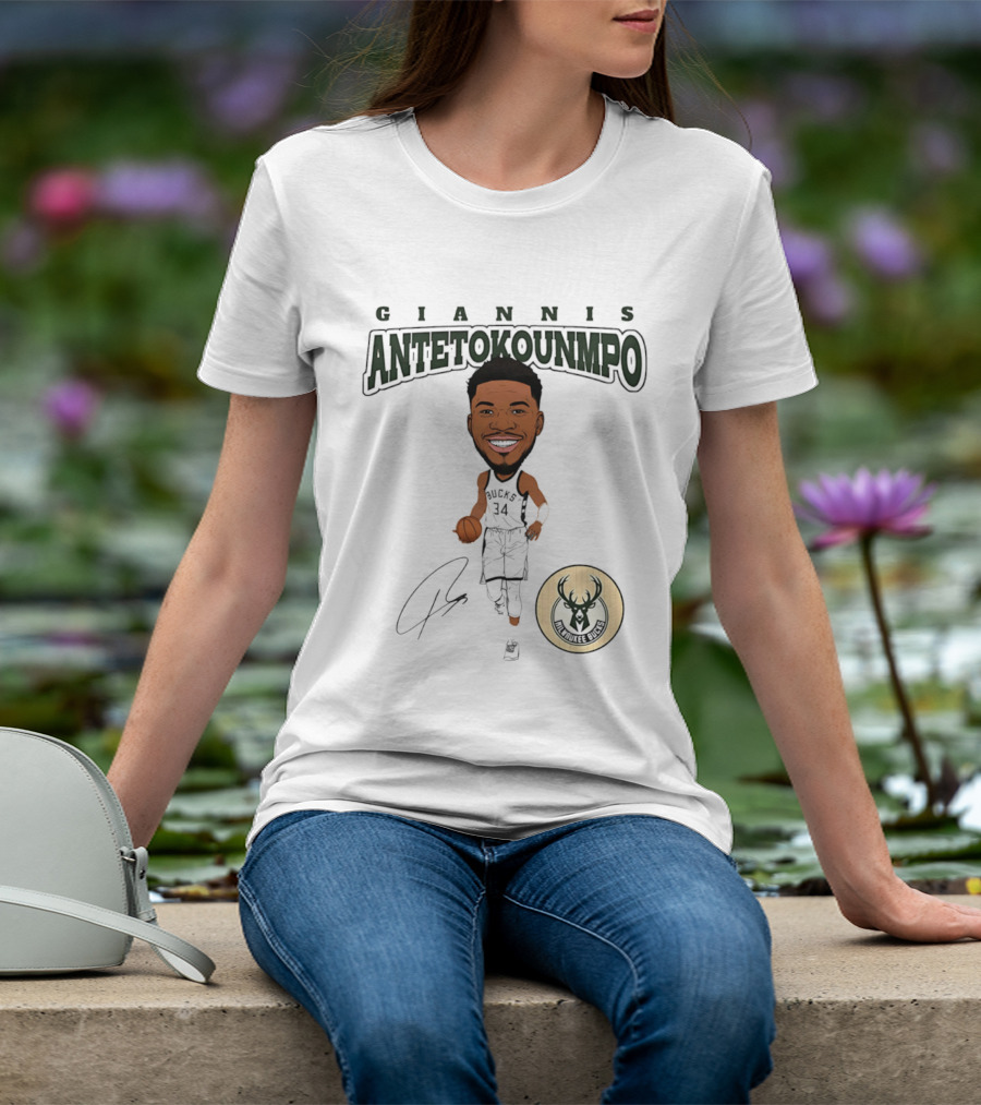 Giannis Antetokounmpo Milwaukee Bucks Hardwood Comic Caricature Basketball Signature 34 T-Shirt