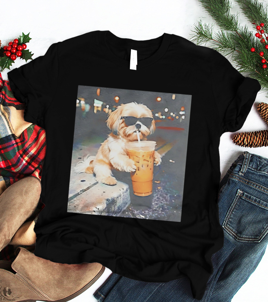 Shih Tzu Enjoying Iced Coffee At Night With Sunglasses T-Shirt
