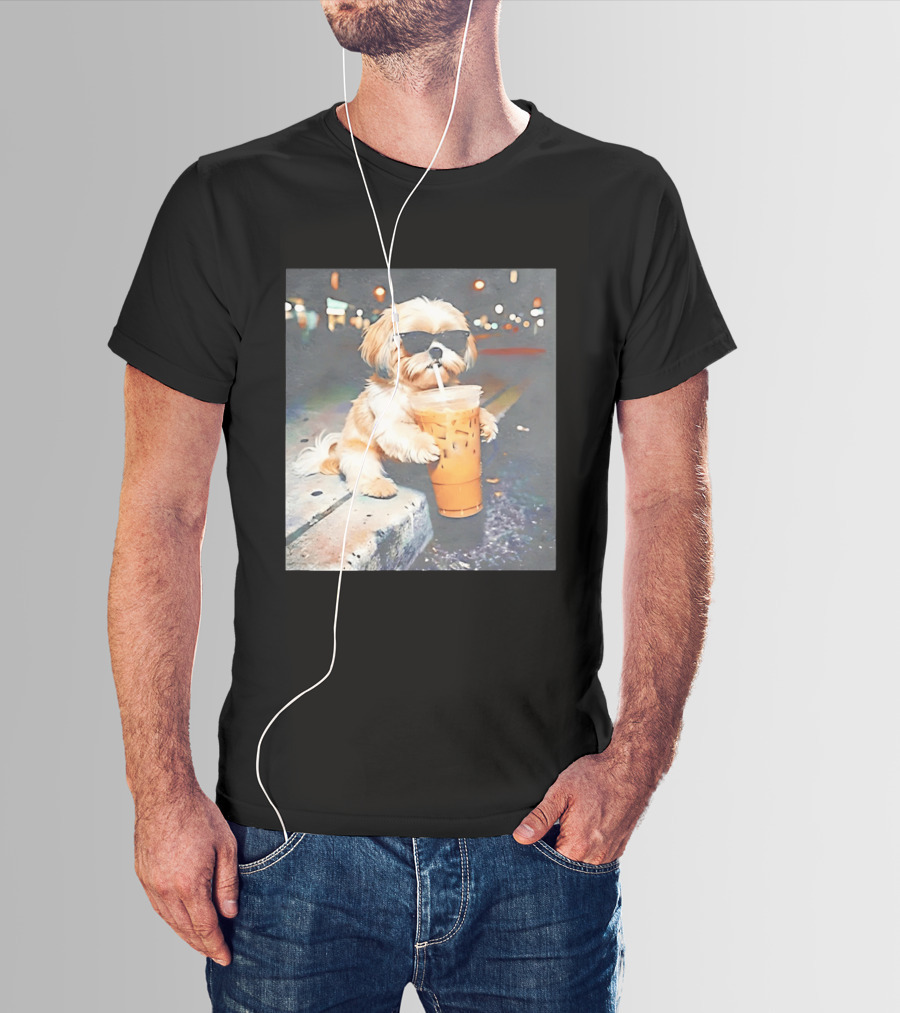 Shih Tzu Enjoying Iced Coffee At Night With Sunglasses T-Shirt