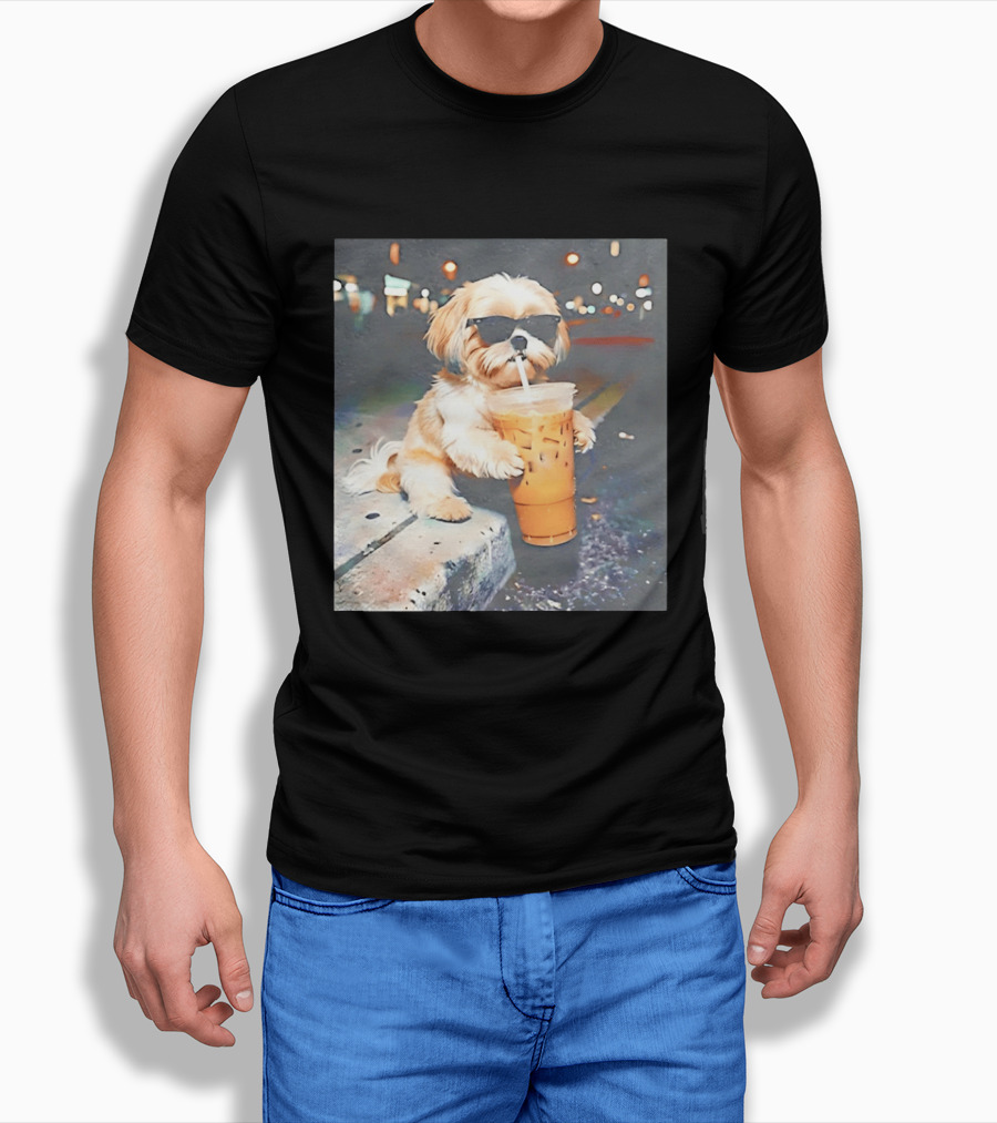 Shih Tzu Enjoying Iced Coffee At Night With Sunglasses T-Shirt