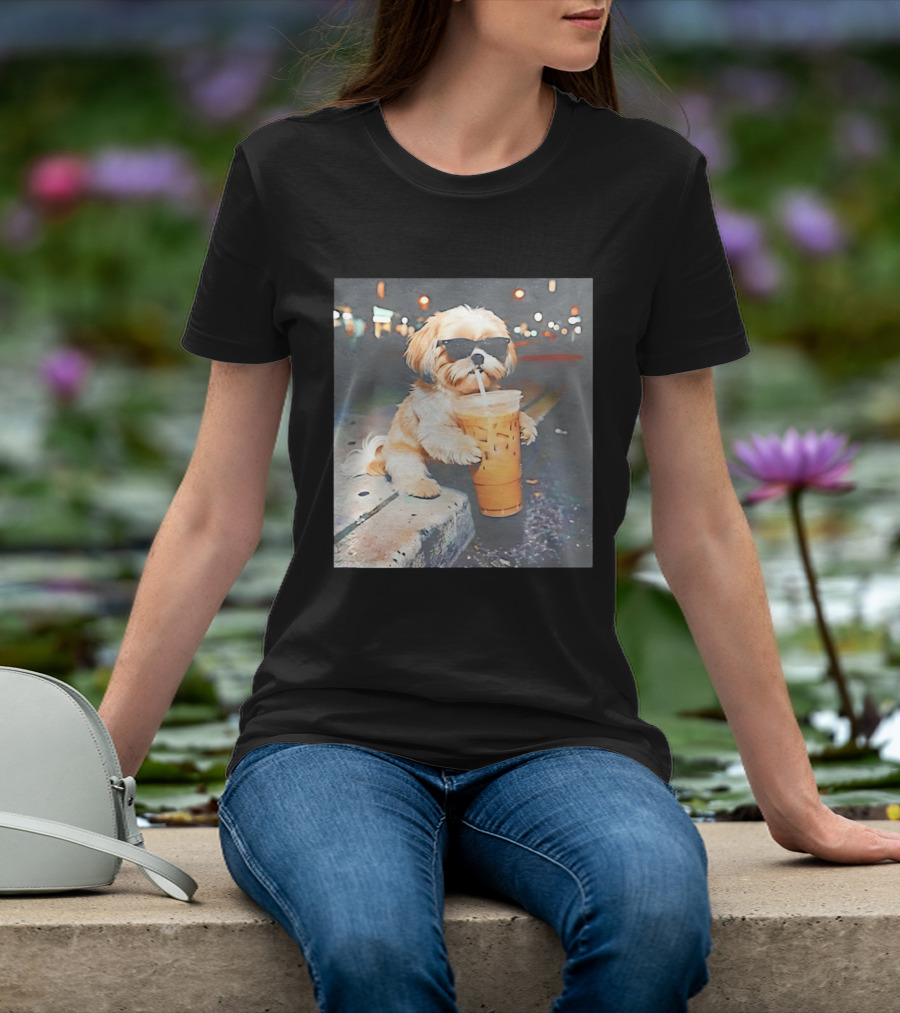 Shih Tzu Enjoying Iced Coffee At Night With Sunglasses T-Shirt