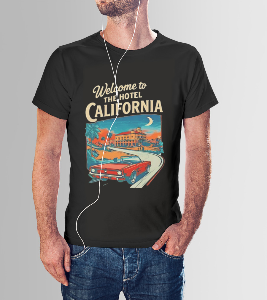 Welcome To The Hotel California Red Convertible Vintage Palm Trees Moonlit Scene T-Shirt