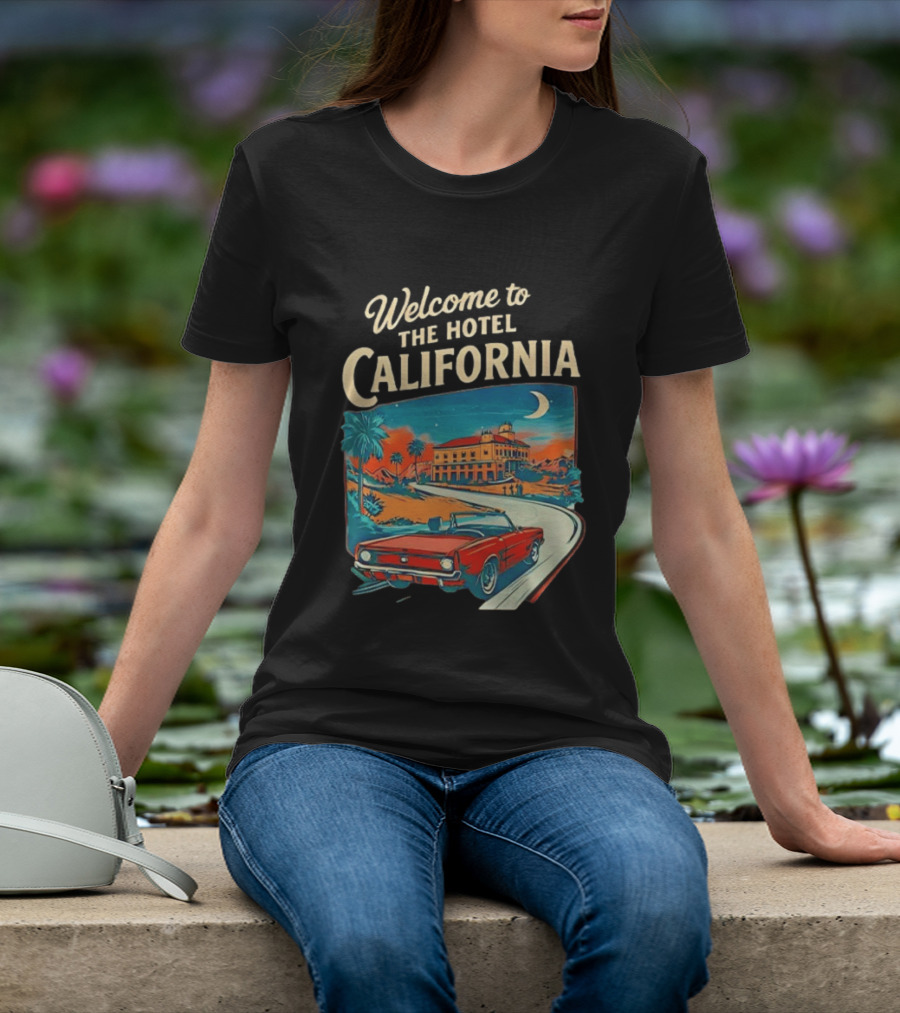 Welcome To The Hotel California Red Convertible Vintage Palm Trees Moonlit Scene T-Shirt