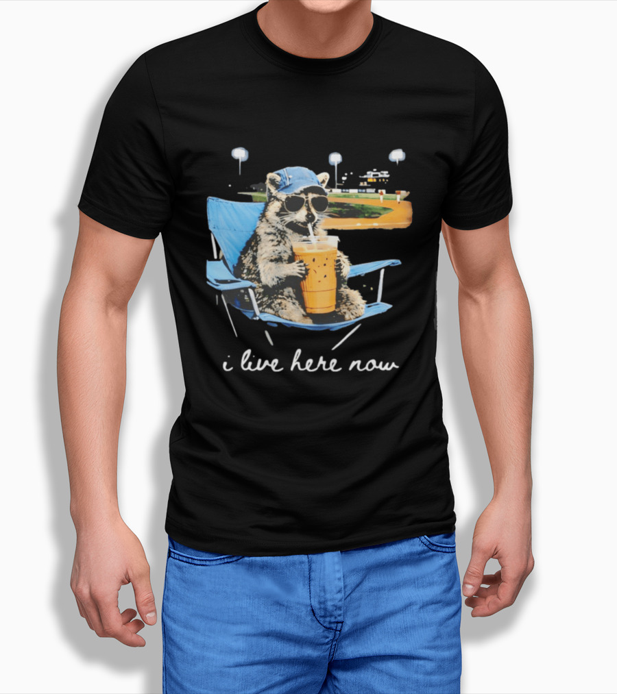 Raccoon I Live Here Now Funny Coffee Lover Camping Chair Sunglasses Baseball Cap T-Shirt