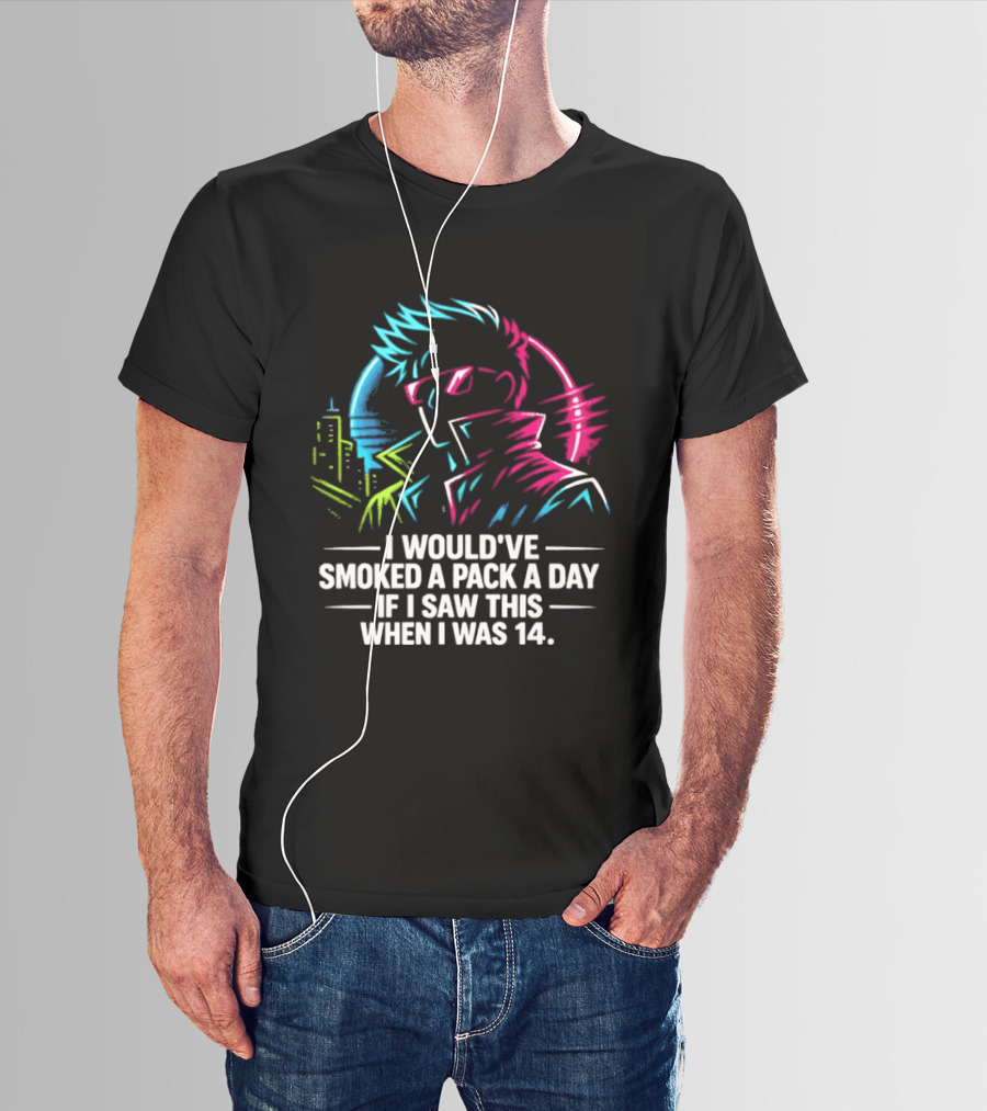 I Would've Smoked A Pack A Day If I Saw This When I Was 14 Retro Cyberpunk Cool Neon Cityscape T-Shirt