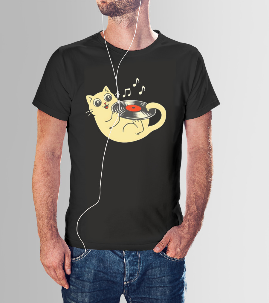 Turntable Cat Spinning Vinyl Record With Musical Notes T-Shirt