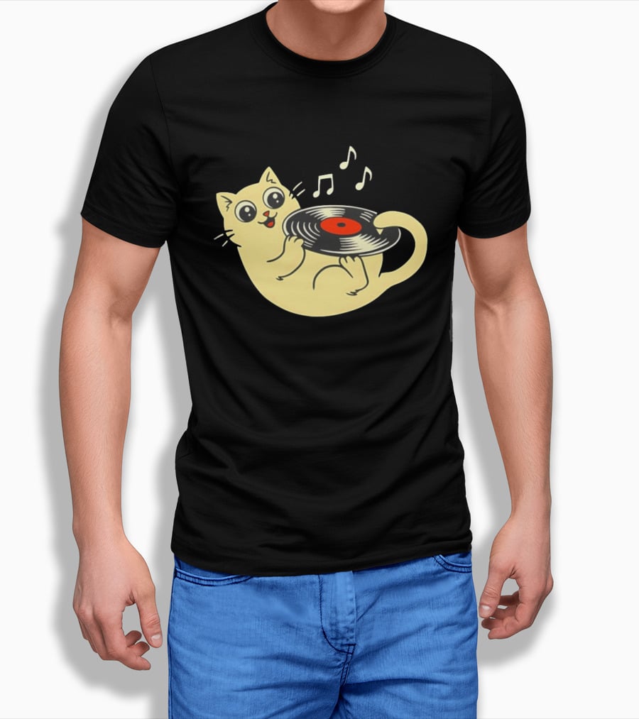 Turntable Cat Spinning Vinyl Record With Musical Notes T-Shirt