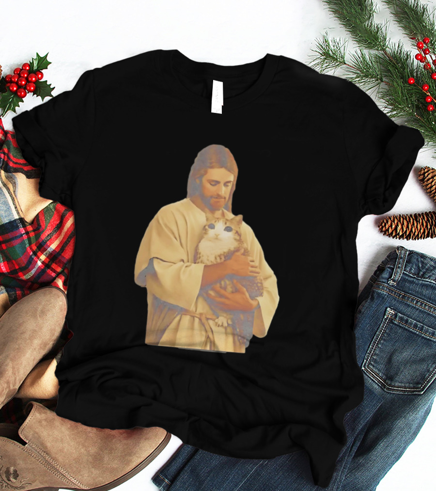 Jesus Embracing Chubby Cat T-Shirt