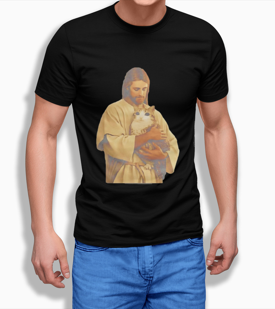 Jesus Embracing Chubby Cat T-Shirt