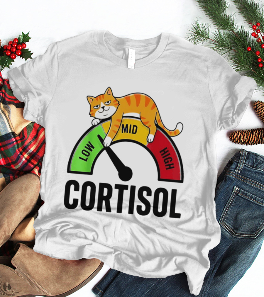 Cat Low Mid High Cortisol Level Meter With Relaxed Orange Cat T-Shirt