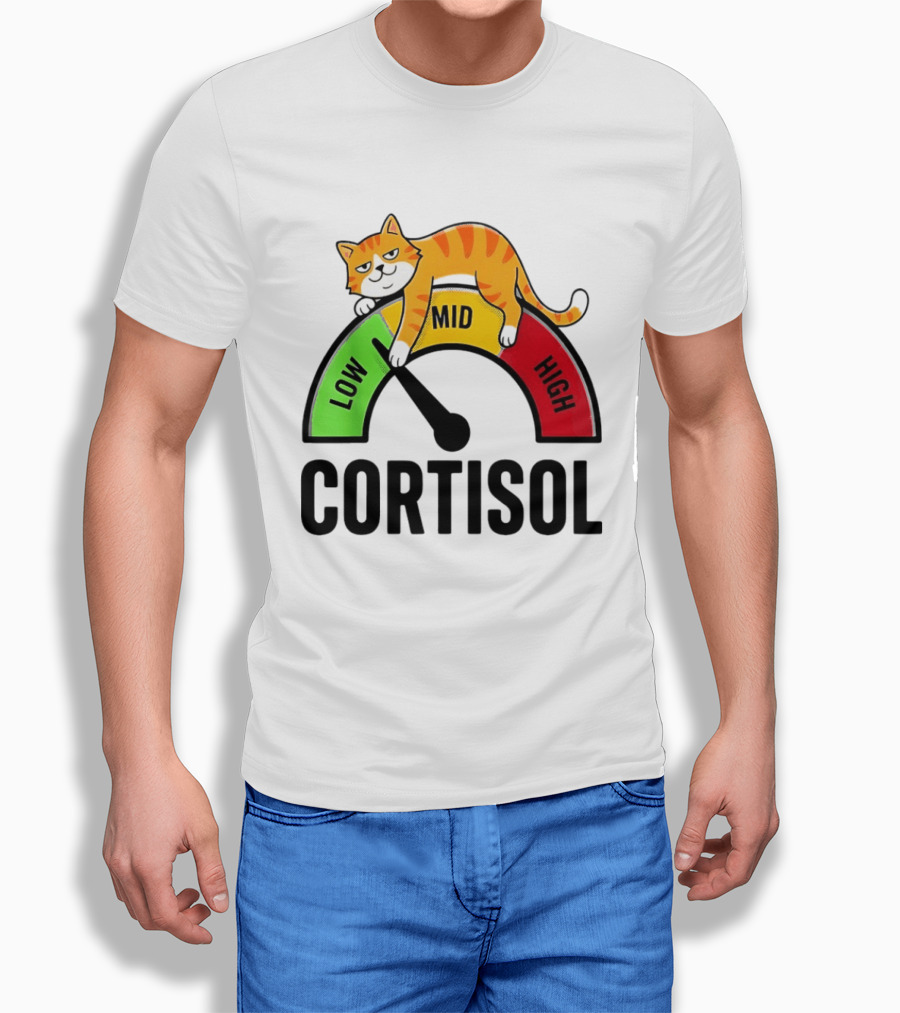 Cat Low Mid High Cortisol Level Meter With Relaxed Orange Cat T-Shirt