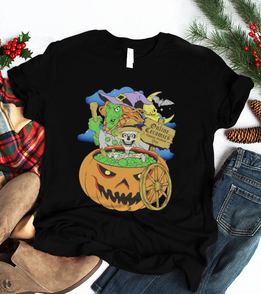 Online Ceramics Sleepy Hollow Ohio Witch Skeleton Pumpkin Cauldron Scene T-Shirt