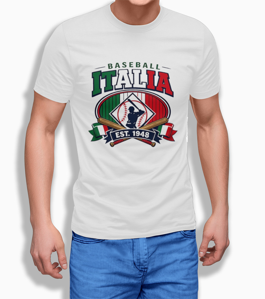 Italia Baseball Heritage Est 1948 Italy Flag Colors and Batting T-Shirt