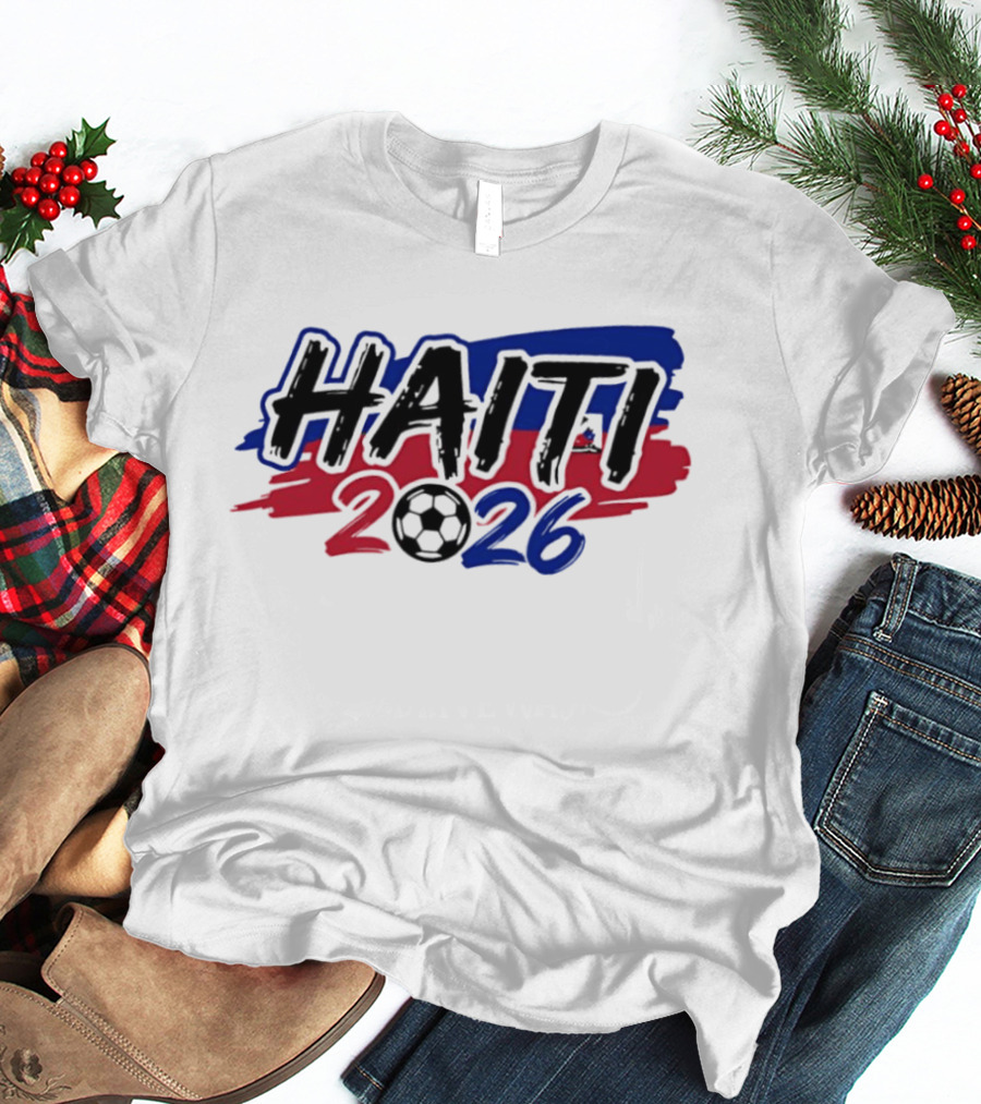 Haiti 2026 Soccer Emblem With Red And Blue Brush Strokes T-Shirt