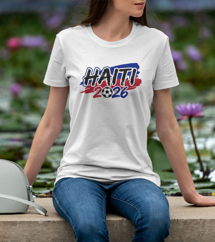Haiti 2026 Soccer Emblem With Red And Blue Brush Strokes T-Shirt