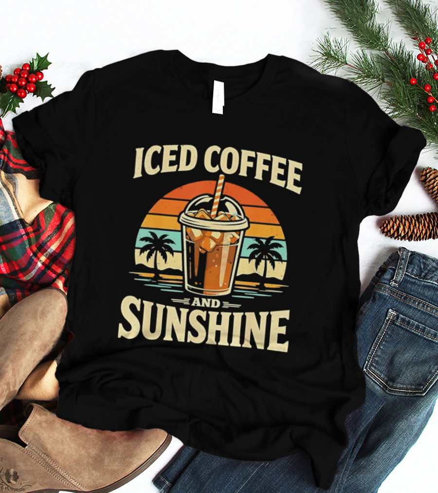 Iced Coffee And Sunshine Beach Vibes With Palm Trees And Sunset T-Shirt