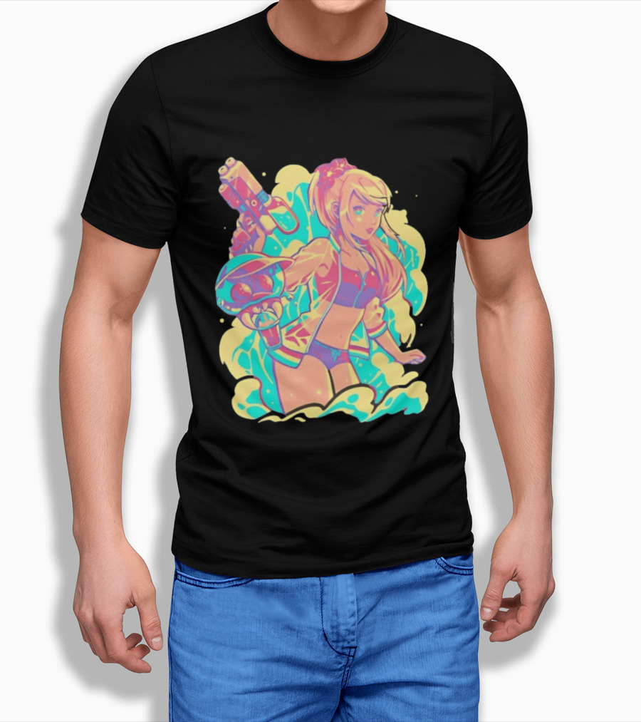 Metroid Water Games Neon Anime Girl With Water Gun And Floating Creature T-Shirt