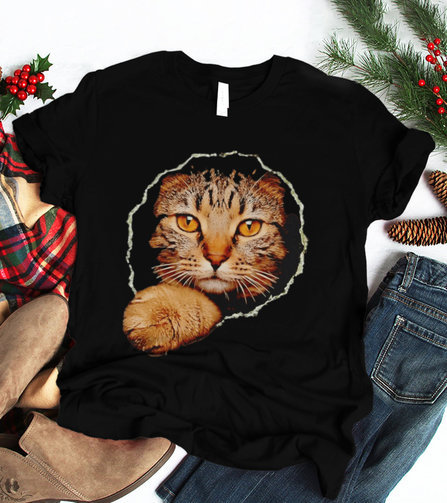 Tabby Cat Golden Eyes Peeking Through Handsome Brown T-Shirt