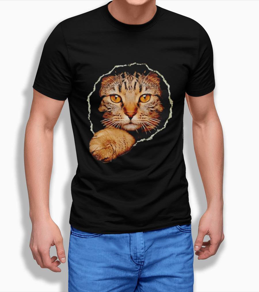 Tabby Cat Golden Eyes Peeking Through Handsome Brown T-Shirt