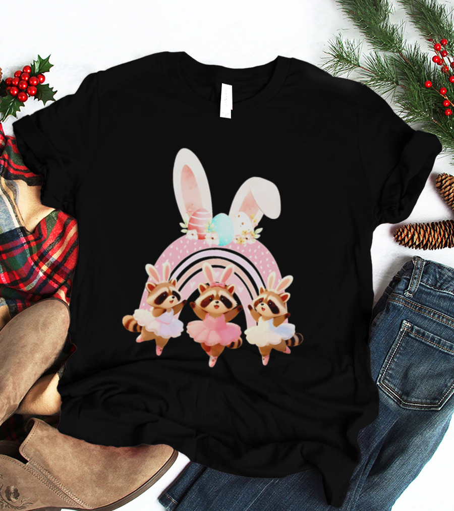 Ballet Dancer Ballerina Raccoons With Easter Bunny Ears And Eggs T-Shirt