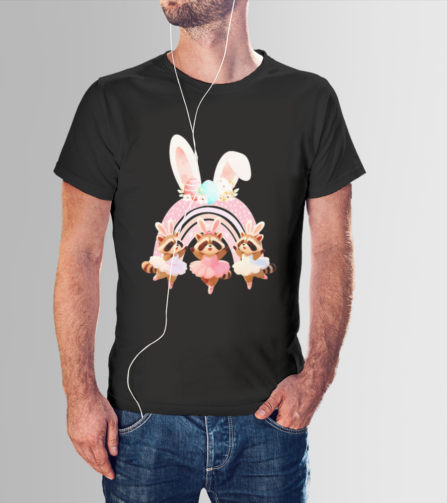 Ballet Dancer Ballerina Raccoons With Easter Bunny Ears And Eggs T-Shirt