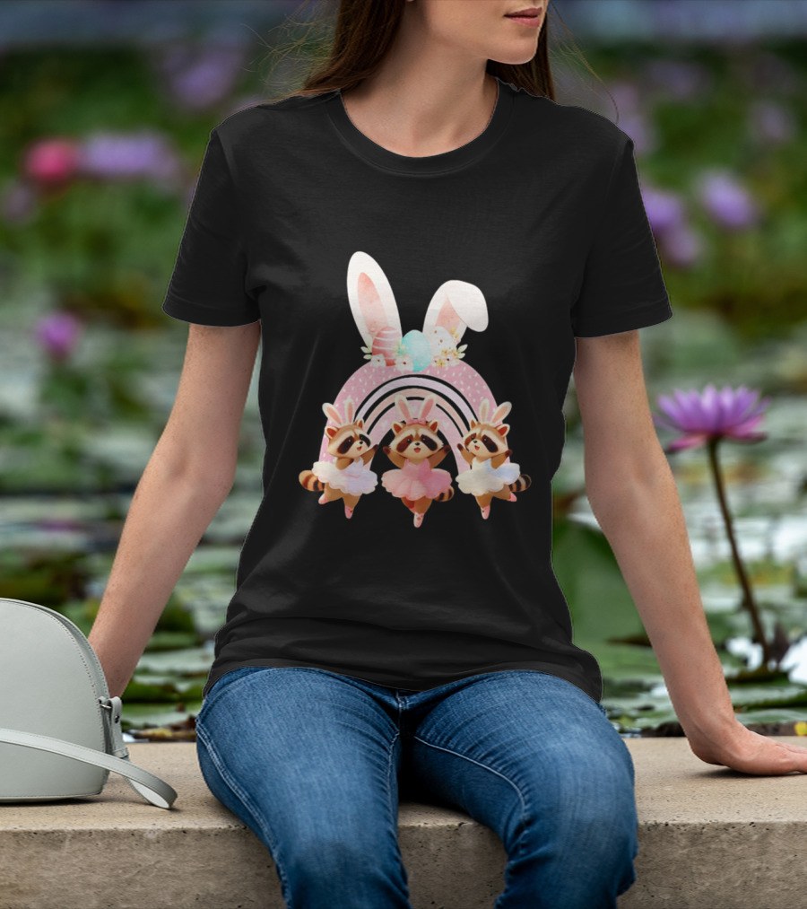 Ballet Dancer Ballerina Raccoons With Easter Bunny Ears And Eggs T-Shirt