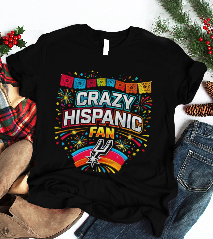 Crazy Hispanic Fan Spurs Colorful Festive Banner With Fireworks T-Shirt