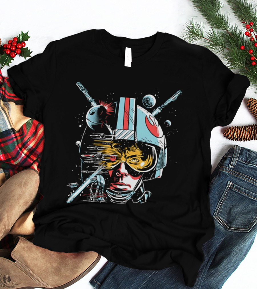 Luke Skywalker Helmet With Blaster And Planets T-Shirt
