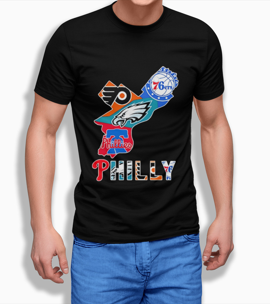 Philadelphia Flyers 76ers Eagles Phillies PHILLY Sports Logos State Map T-Shirt