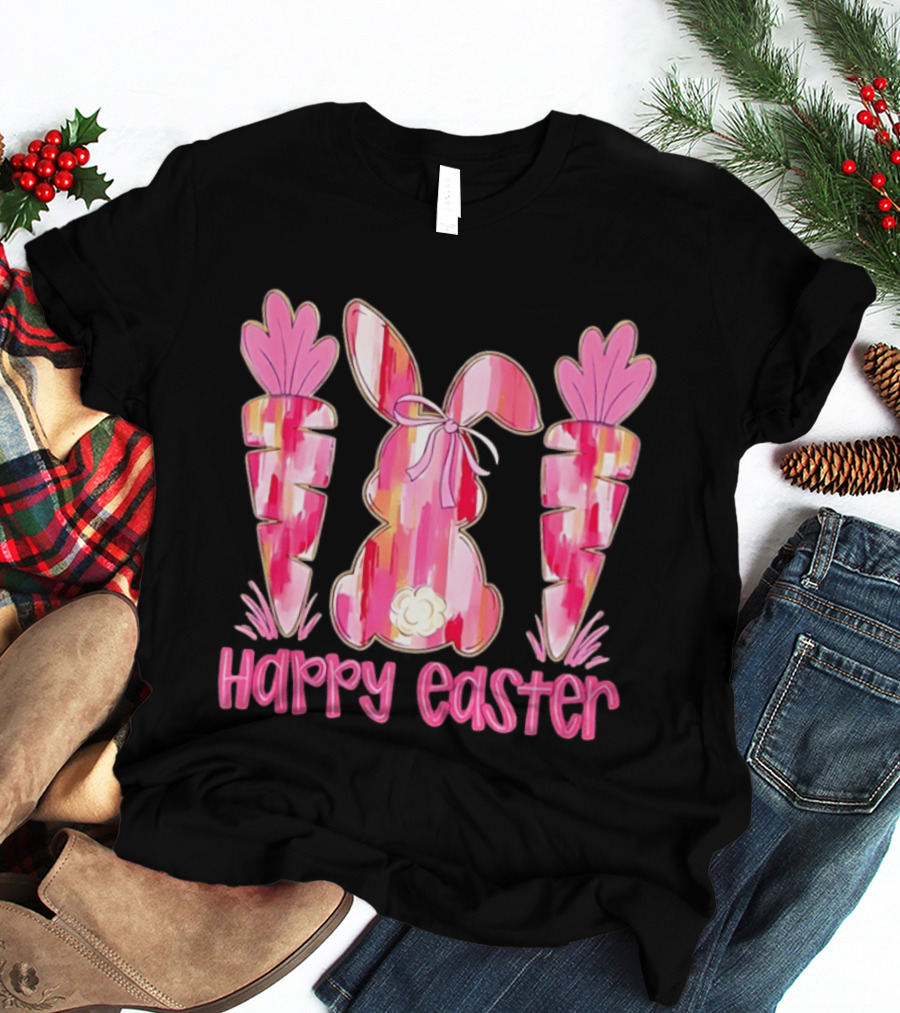 Pink Brushstroke Bunny Carrot Happy Easter T-Shirt