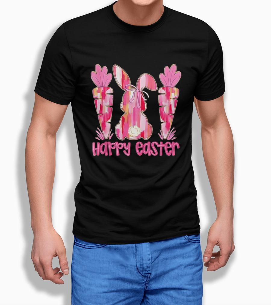 Pink Brushstroke Bunny Carrot Happy Easter T-Shirt
