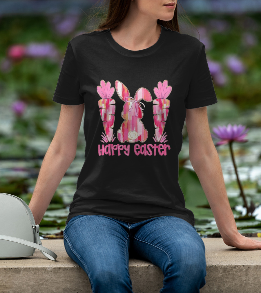 Pink Brushstroke Bunny Carrot Happy Easter T-Shirt