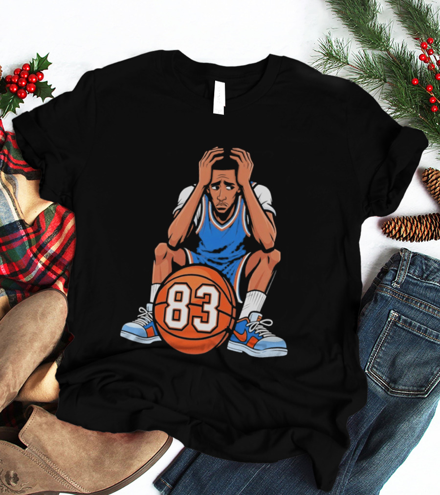 Basketball Player Caricature 83 Sitting Blue Orange Jersey Sneakers T-Shirt