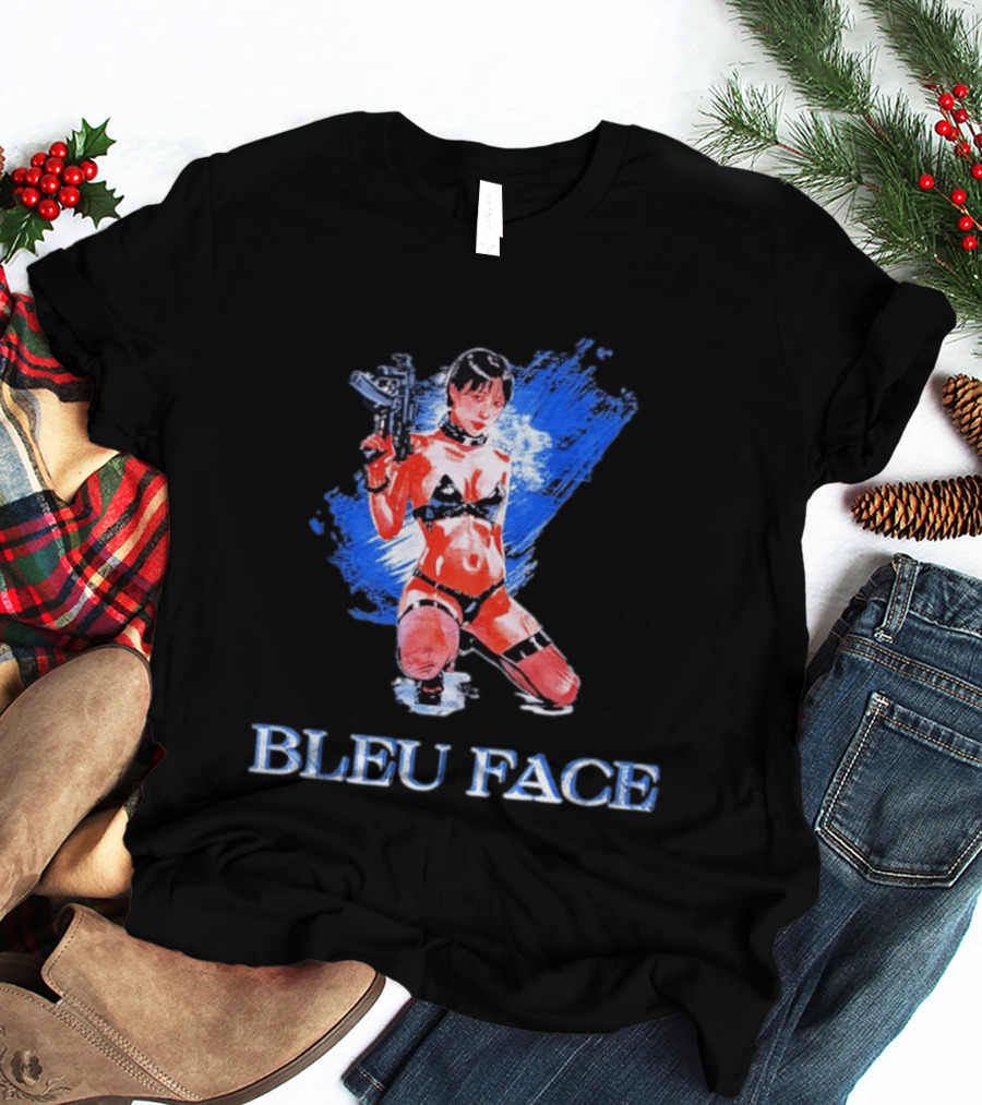 Bleu Face Anime Girl With Gun And Blue Brushstroke T-Shirt