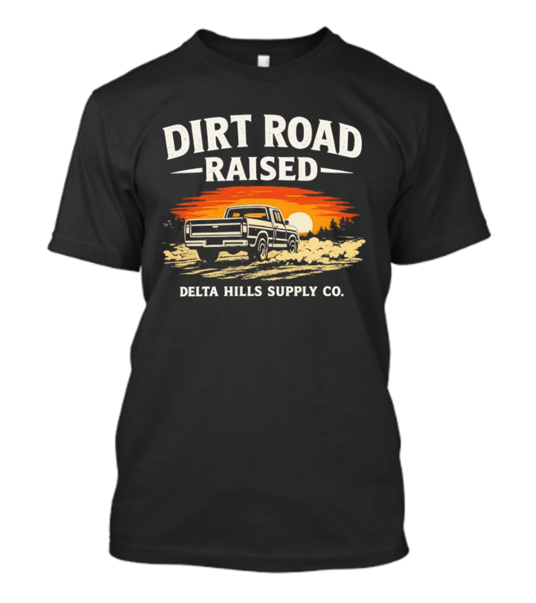 Dirt Road Raised Delta Hills Supply Co Vintage Pick Up Truck Sunset T-Shirt