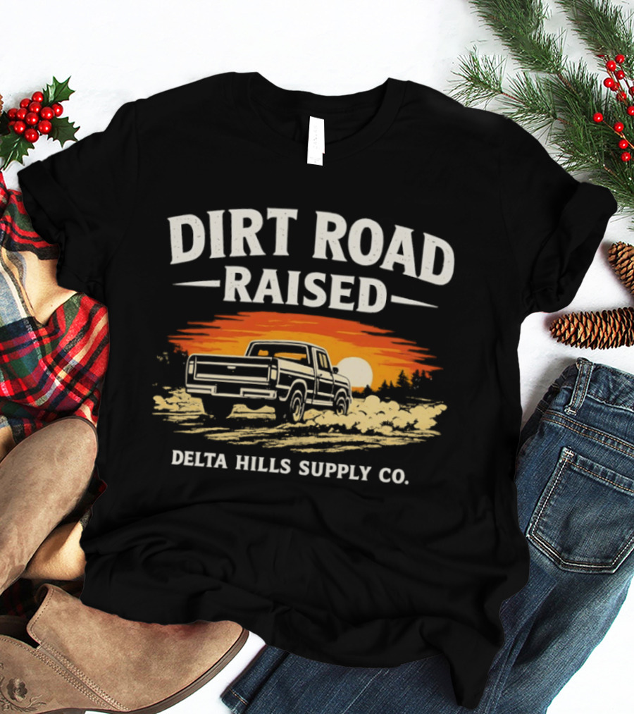 Dirt Road Raised Delta Hills Supply Co Vintage Pick Up Truck Sunset T-Shirt