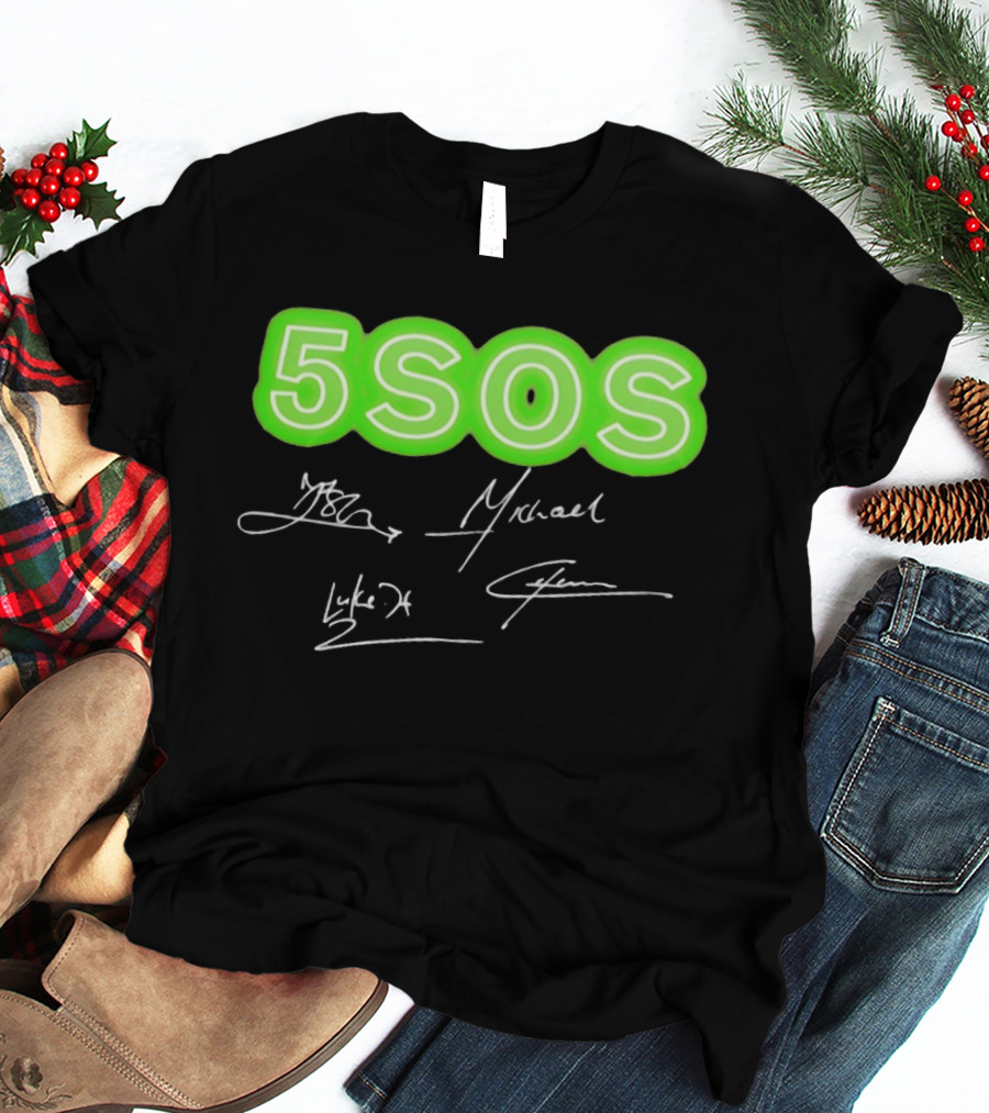 5SOS Luke Hemmings Calum Hood Ashton Irwin Michael Clifford Signatures Neon Green T-Shirt
