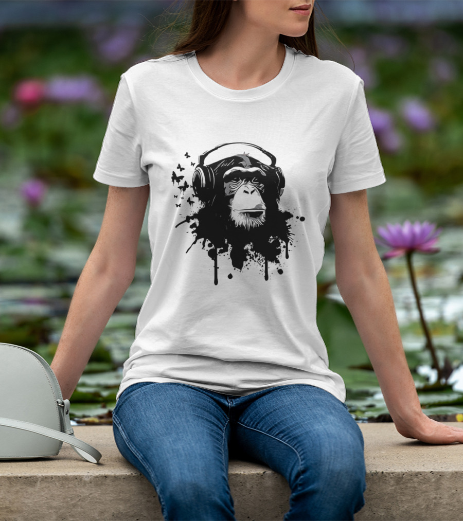Monkey Headphones Street Art Splatter T-Shirt