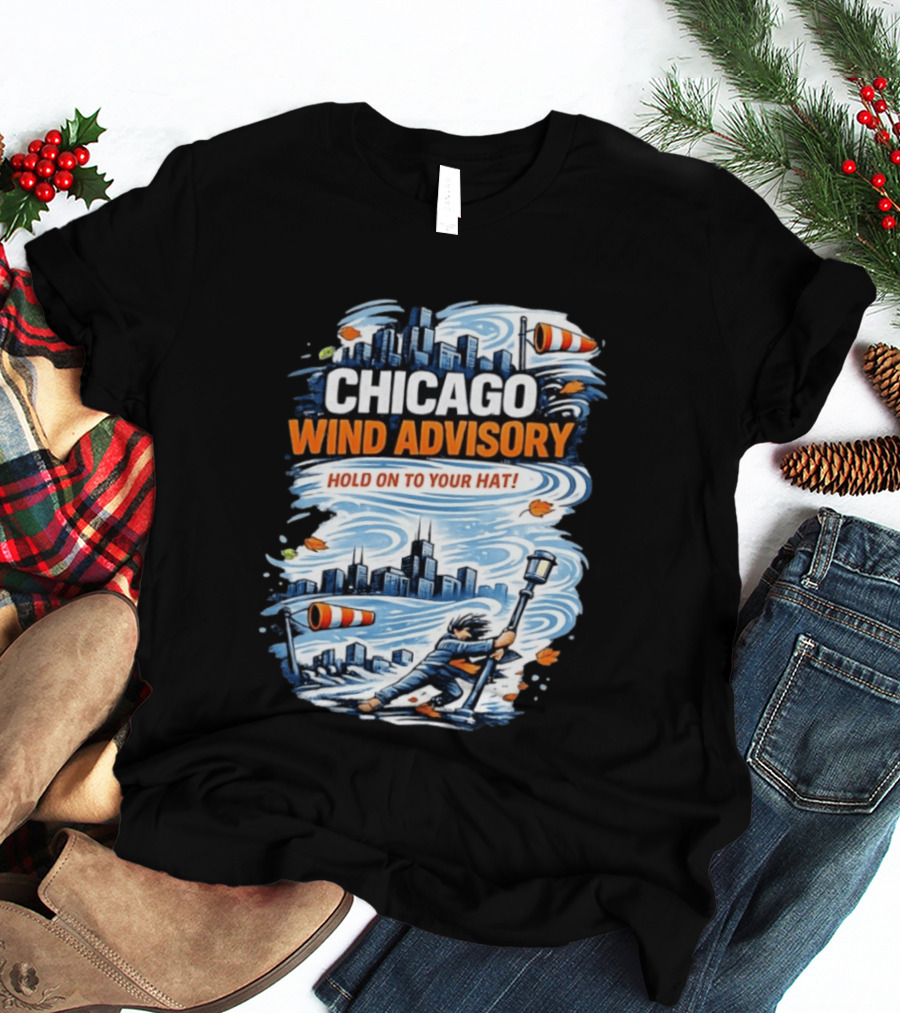 Chicago Wind Advisory Hold On To Your Hat Cityscape And Skyline Scene T-Shirt