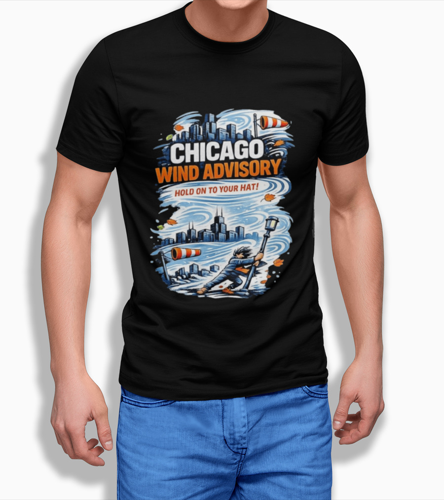 Chicago Wind Advisory Hold On To Your Hat Cityscape And Skyline Scene T-Shirt