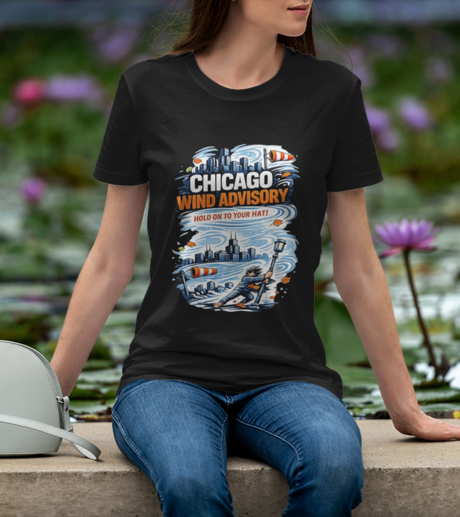 Chicago Wind Advisory Hold On To Your Hat Cityscape And Skyline Scene T-Shirt