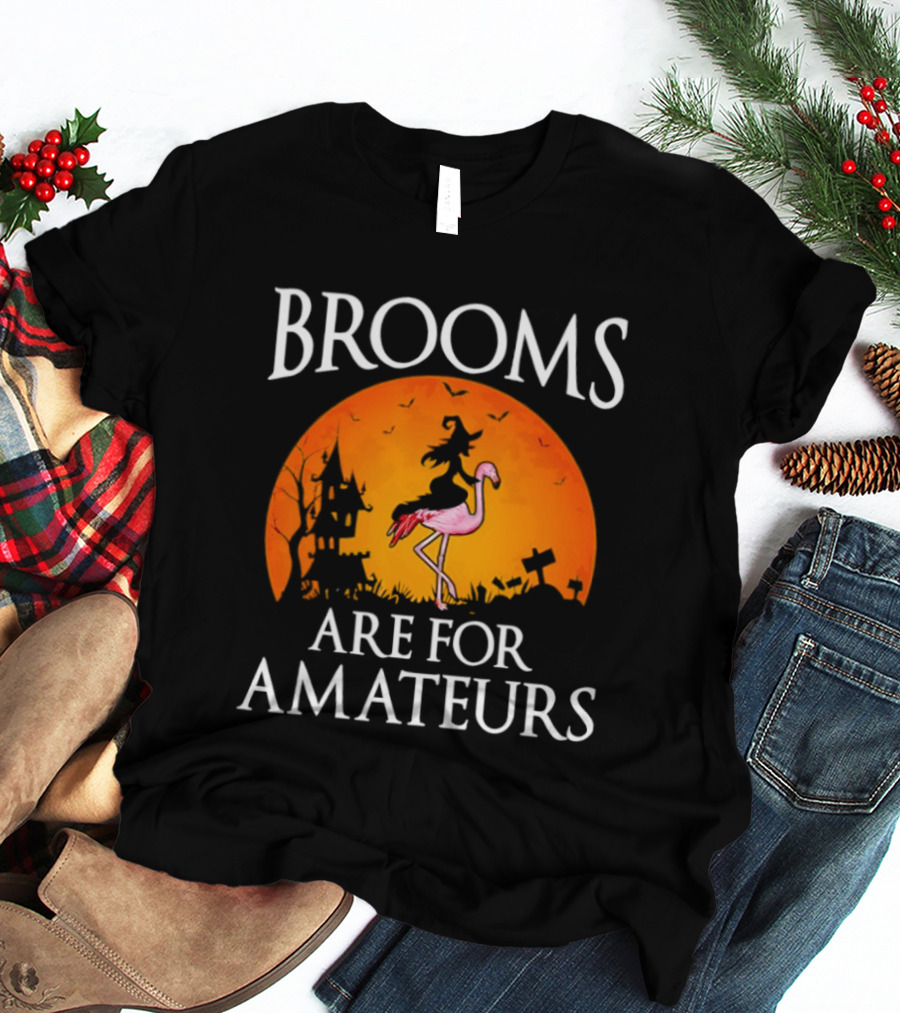 Brooms Are For Amateurs Flamingo Witch Halloween T-Shirt