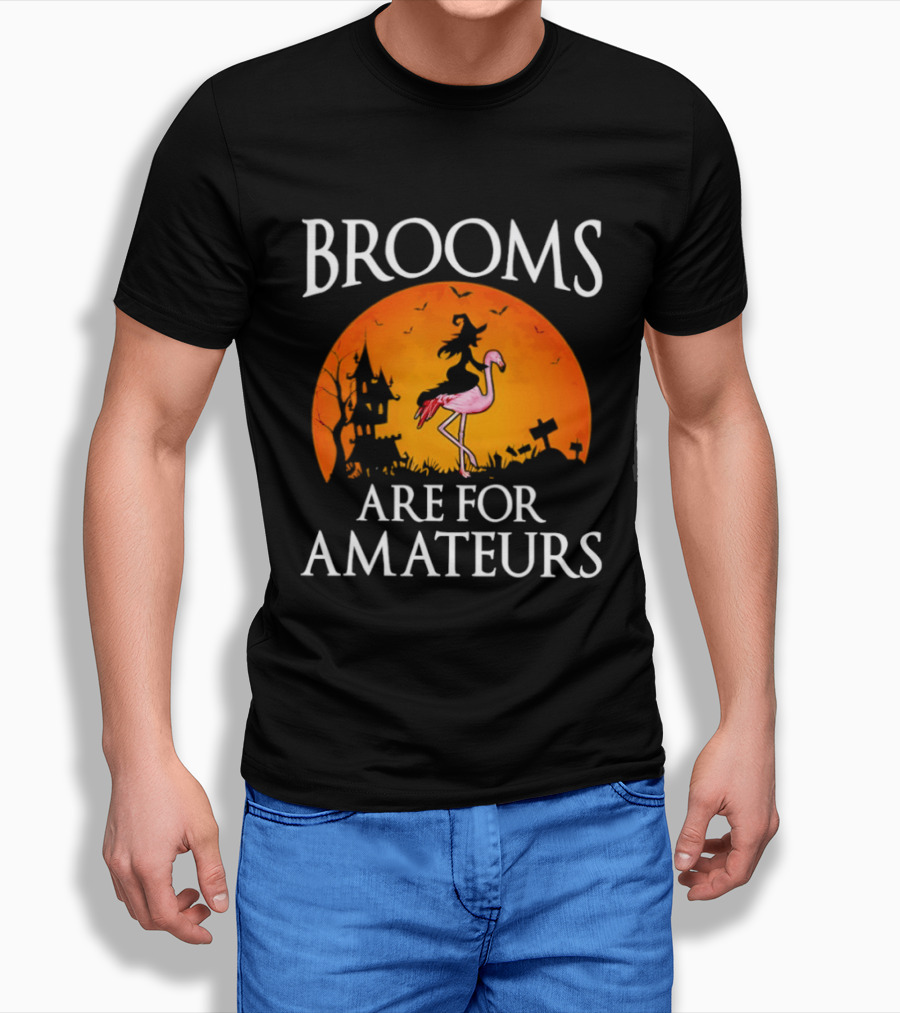 Brooms Are For Amateurs Flamingo Witch Halloween T-Shirt