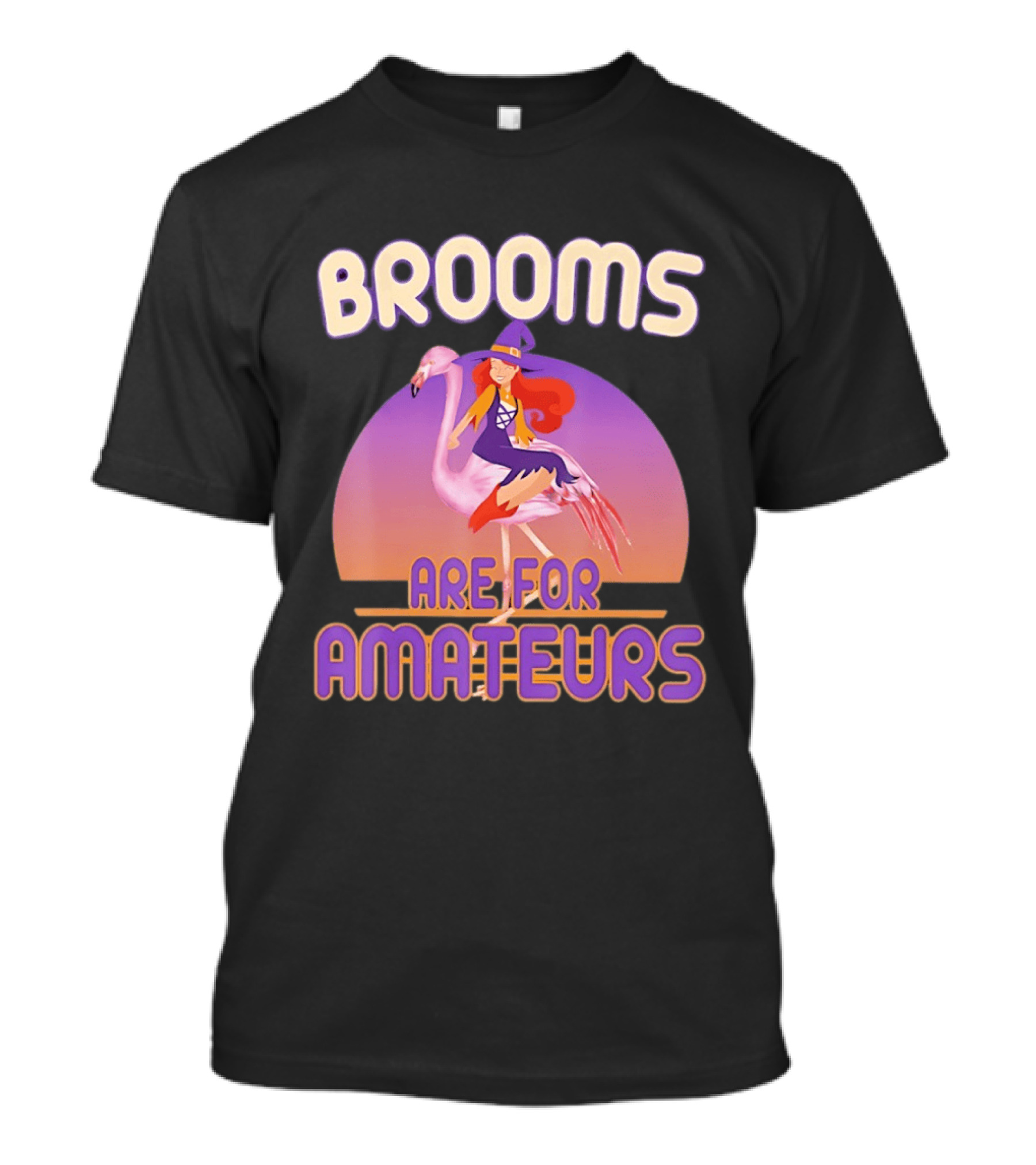 Brooms Are For Amateurs Witch Riding Flamingo T-Shirt