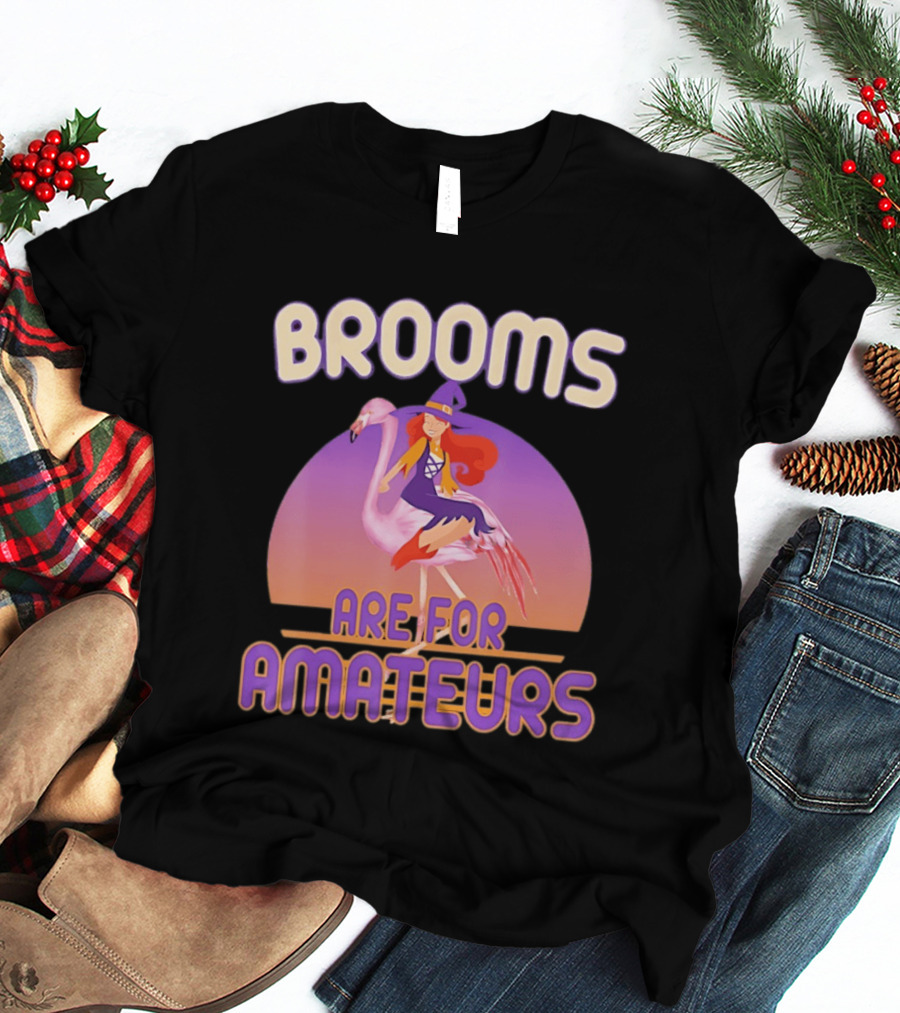 Brooms Are For Amateurs Witch Riding Flamingo T-Shirt